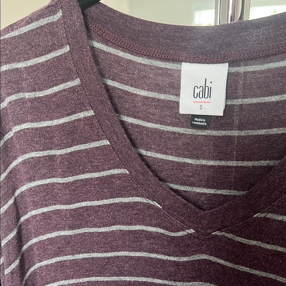 Cabi Burgundy Striped V-Neck Serenity Tee - Picture 2 of 4